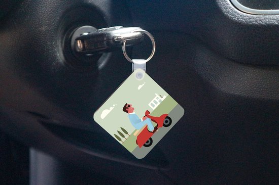 Porte-clés Illustration Vespa - Illustration d'un homme sur un porte-clés Vespa rouge en plastique - Porte-clés carré avec photo