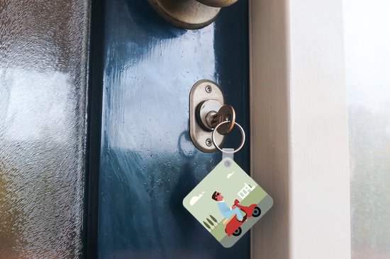 Porte-clés Illustration Vespa - Illustration d'un homme sur un porte-clés Vespa rouge en plastique - Porte-clés carré avec photo