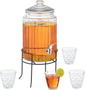 Relaxdays limonadetap set - 4 drinkglazen met deksel - drankdispenser met tapkraan - 6 l