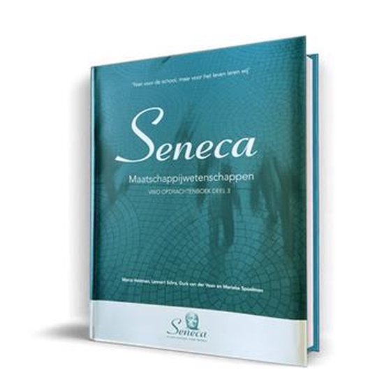 Turquoise boek "Seneca maatschappijwetenschappen vwo opdrachtenboek deel 3" met witte tekst en een gedetailleerd patroon.