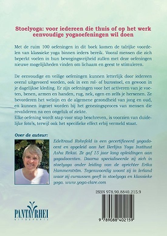 De achterkant van het boek 'Stoelyoga' met tekst en een foto van de auteur, Edelraud Rohnfeld.