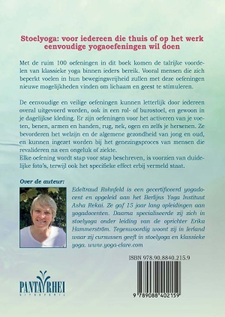 De achterkant van het boek 'Stoelyoga' met tekst en een foto van de auteur, Edelraud Rohnfeld.