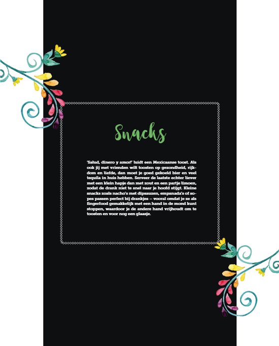 Pagina met tekst over snacks, met een decoratief kader.
