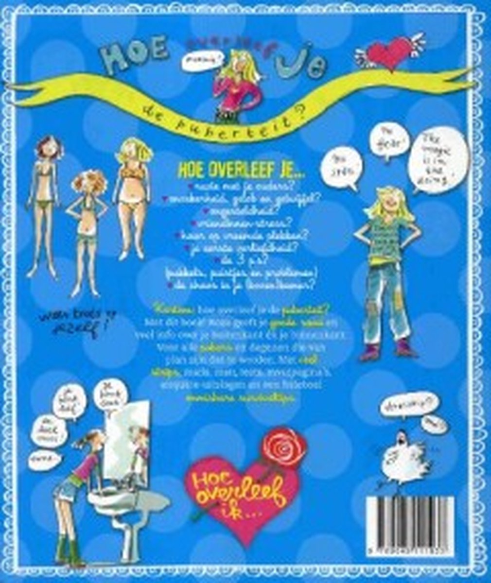 Boekomslag met tekeningen van meisjes, tekst 'Hoe overleef je de puberteit?' en diverse illustraties.