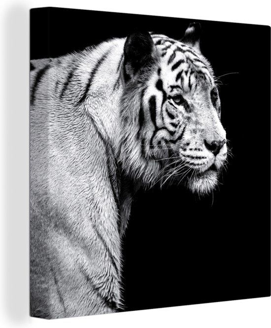 Canvas Schilderij Dierenprofiel tijger in zwart-wit - 20x20 cm - Wanddecoratie