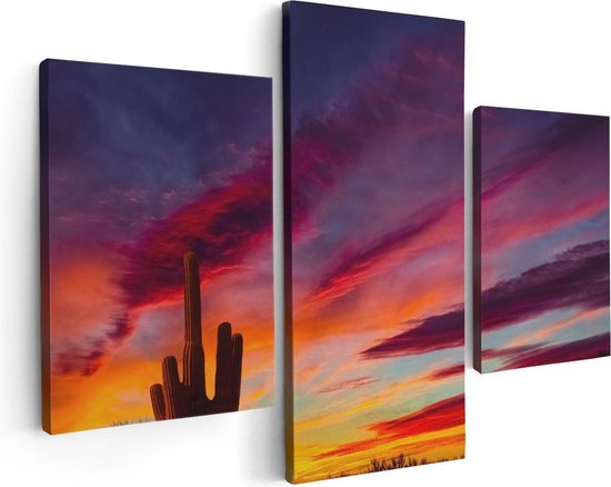 Artaza Canvas Schilderij Drieluik Cactus bij Oranje Zonsondergang - 90x60 - Foto Op Canvas - Canvas Print
