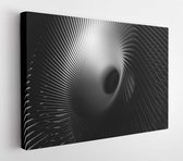 Canvas schilderij - 3d render of abstract art black and white industrial 3d background with part of surreal turbine jet engine with sharp aluminum metal blades and black hole in th
