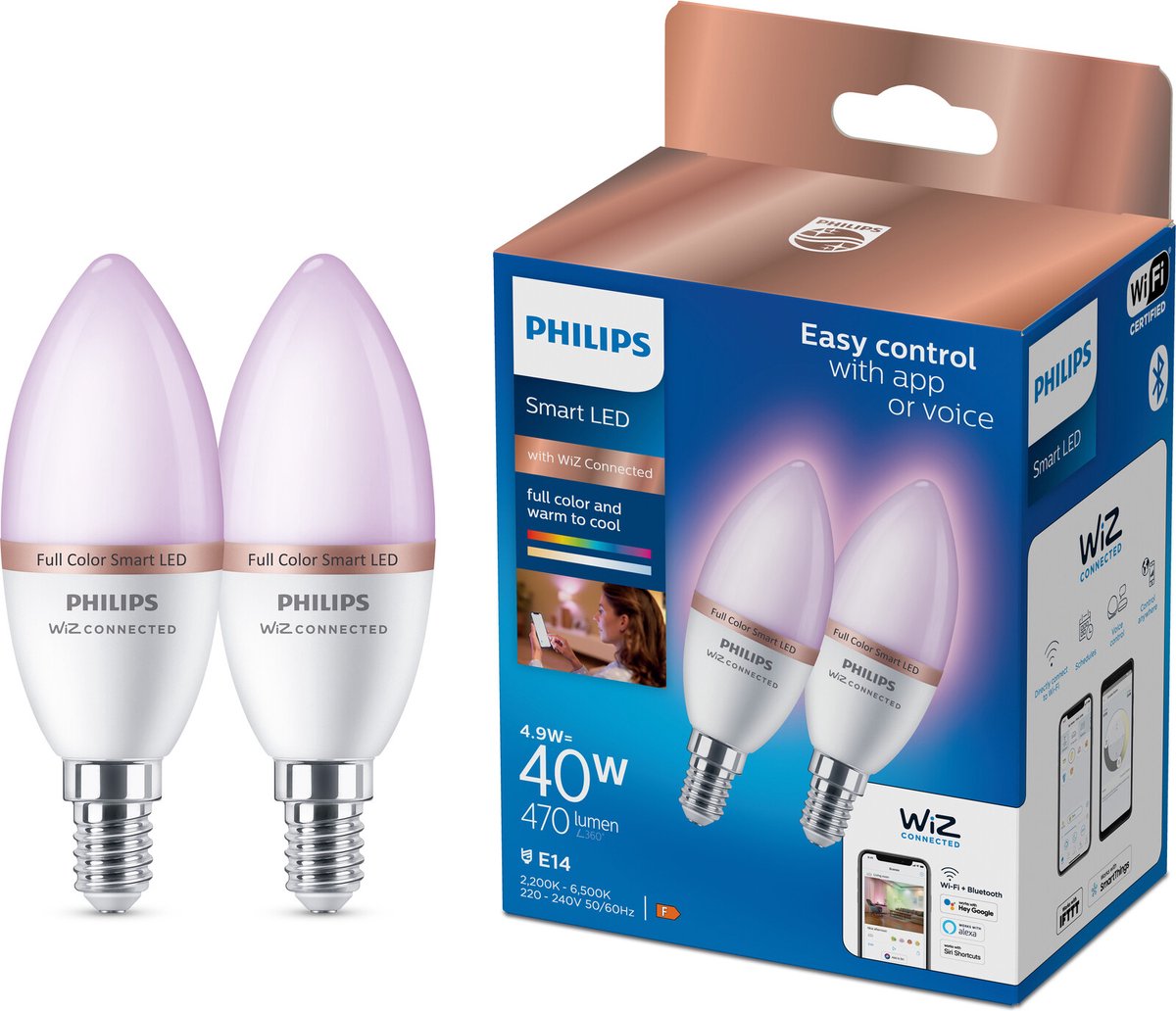 Philips Smart Lighting - Kaarslamp 2-pack - Slimme LED-Verlichting - Gekleurd en Wit Licht - E14 - 40W - Mat - Wi-Fi