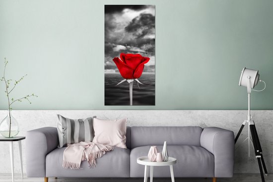 Décoration murale Métal - Peinture Aluminium Industriel - Photo Zwart et blanc d'une rose rouge, sur fond de mer et un ciel nuageux - 80x160 cm - Dibond - Photo sur aluminium - Décoration murale industrielle - Pour le salon/chambre