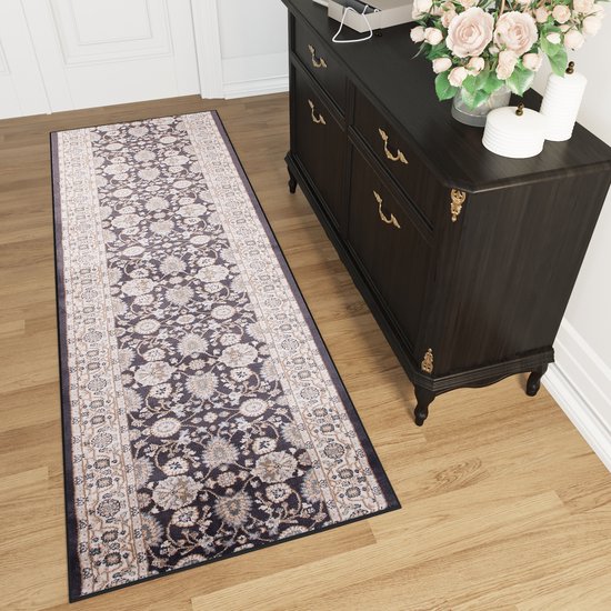 Tapiso Colorado Carpet Runner Anthracite Floral Print Salon Chambre Couloir Taille - 70x400