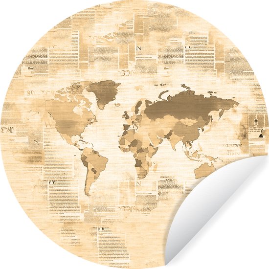 WallCircle - Stickers muraux - Cercle de papier peint - Wereldkaart - Vintage - Journal - 50x50 cm - Cercle mural - Autocollant - Autocollant de papier peint rond