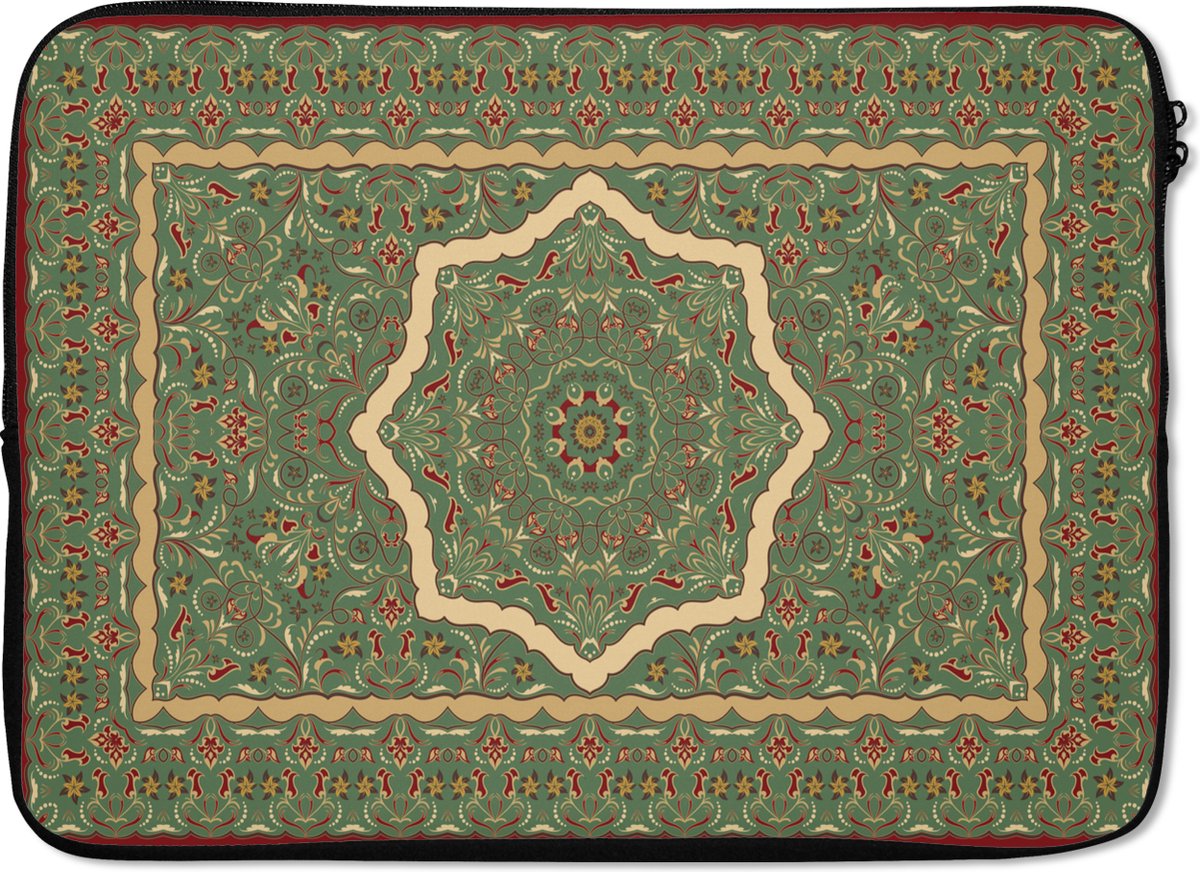 Laptophoes 14 inch - Perzisch Tapijt - Vloerkleed - Mandala - Groen - Laptop sleeve - Binnenmaat 33x23 cm - Zwarte achterkant