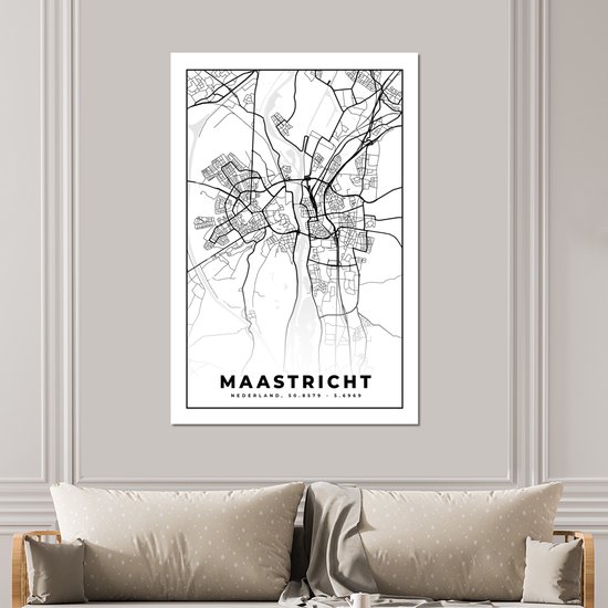 Décoration murale Métal - Aluminium Peinture Industrielle - Carte - Maastricht - Zwart - Wit - 100x150 cm - Dibond - Photo sur aluminium - Décoration murale industrielle - Pour le salon / chambre