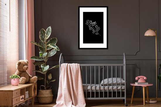 Cadre photo avec affiche Zwart Wit- Branche avec feuilles rondes sur fond noir - noir et blanc - 60x90 cm - Cadre pour affiche