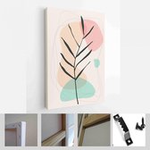 Minimalistische aquarel schilderij artwork. Earth Tone Boho gebladerte lijntekeningen met abstracte vorm - moderne kunst canvas - verticaal - 1937930008