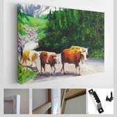 Olieverfschilderij - Grazende stier - Moderne kunst canvas - Horizontaal - 89703184