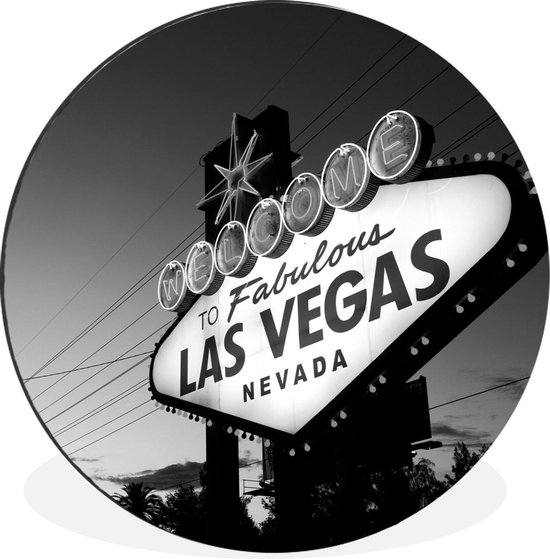WallCircle - Wandcirkel - Muurcirkel - Welkomstbord Las Vegas bij schemering - Verenigde Staten - zwart wit - Aluminium - Dibond - ⌀ 30 cm - Binnen en Buiten