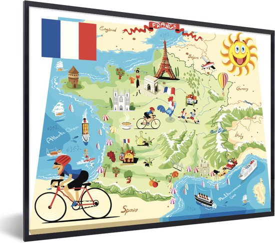 Fotolijst incl. Poster - Kaart van Frankrijk in cartoon stijl - 80x60 cm - Posterlijst