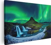 Artaza Canvas Schilderij Noorderlicht bij de Watervallen in IJsland - 30x20 - Klein - Foto Op Canvas - Canvas Print