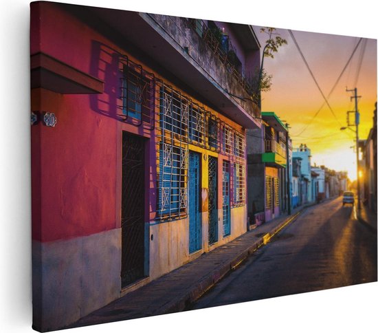 Artaza Canvas Schilderij Cuba Kleurrijke Huisjes bij Zonsondergang - 90x60 - Foto Op Canvas - Canvas Print - Muurdecoratie