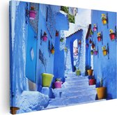 Artaza Canvas Schilderij Blauwe Huizen met Bloempotten in Chefchaouen, Marokko - 80x60 - Foto Op Canvas - Canvas Print