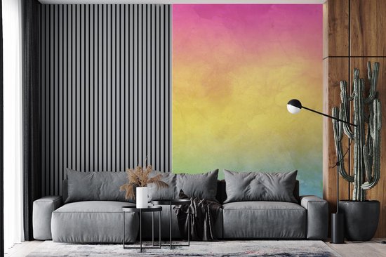Œuvre abstraite à l'aquarelle dans les couleurs rose, bleu et jaune 155x240 cm