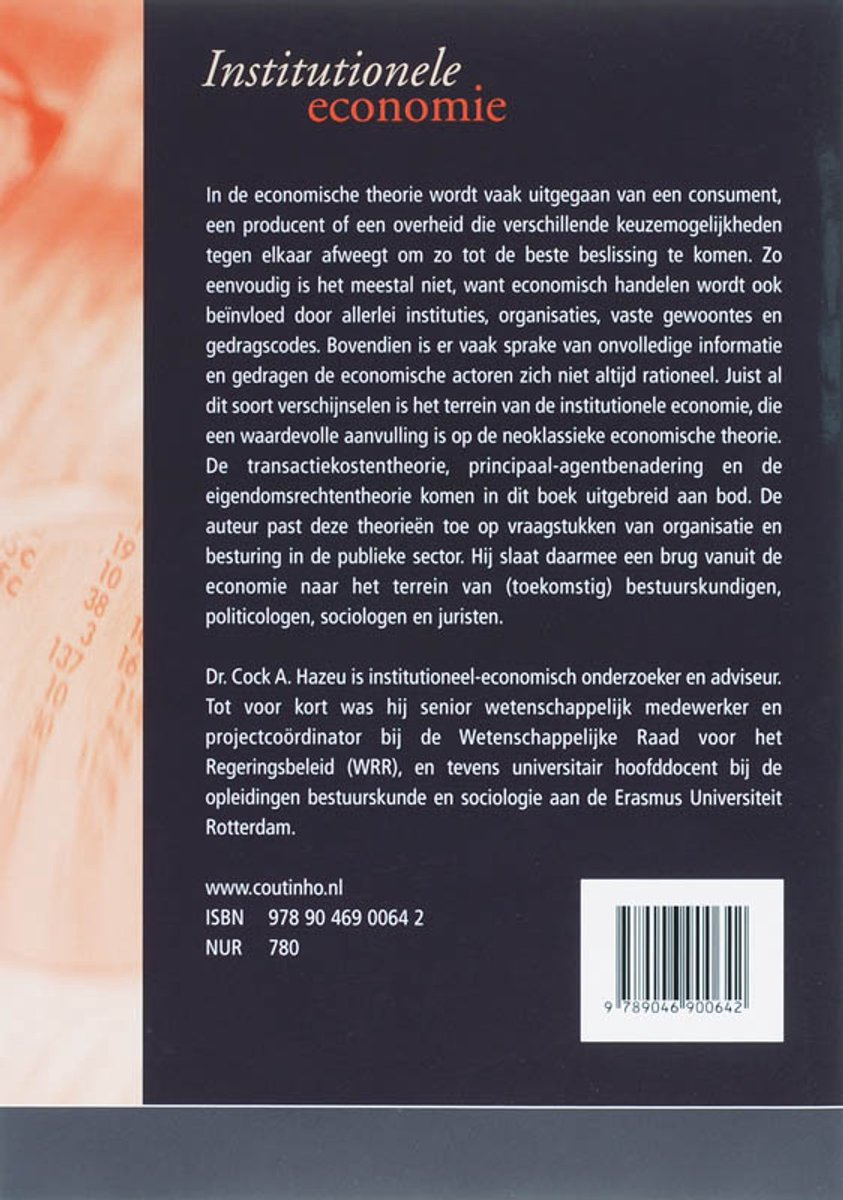 Boek 'Institutionele economie' met tekst over de theorie en de auteur. Rechtsonder een barcode.
