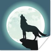 Illustratie van een huilende wolf bij volle maan poster 100x100 cm - Foto print op Poster (wanddecoratie woonkamer / slaapkamer) / Wilde dieren Poster
