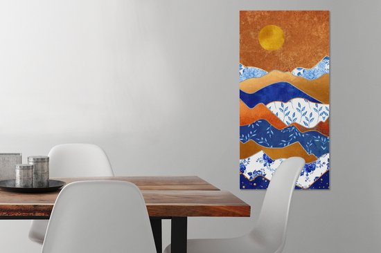 Peinture sur Toile Blauw de Delft - Or - Fleurs - 40x80 cm - Décoration murale