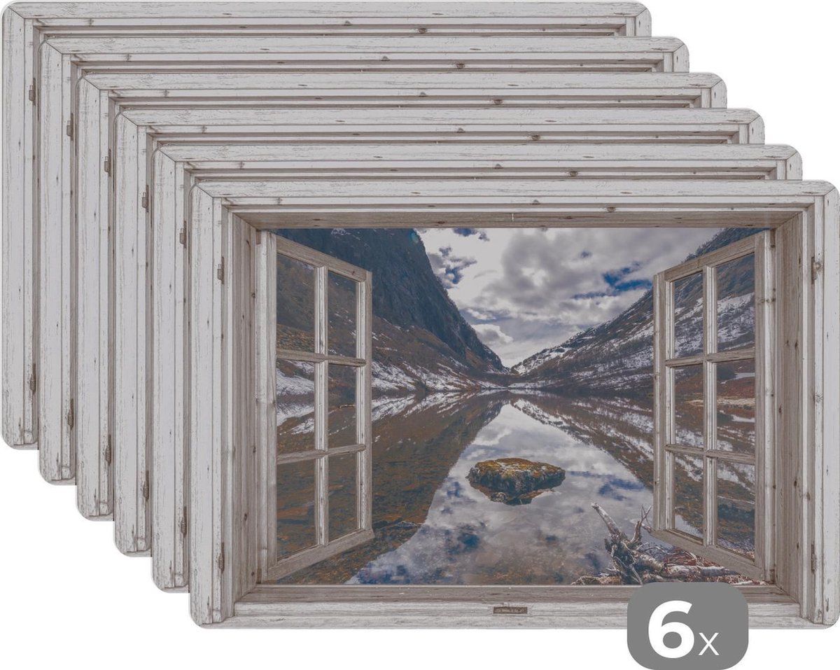 Placemat - Placemats kunststof - Doorkijk - Bergen - Steen - 45x30 cm - 6 stuks - Hittebestendig - Anti-Slip - Onderlegger - Afneembaar
