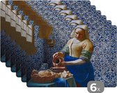 Placemat - Placemats kunststof - Melkmeisje - Delfts Blauw - Vermeer - Schilderij - Oude meesters - 45x30 cm - 6 stuks - Hittebestendig - Anti-Slip - Onderlegger - Afneembaar