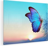 Artaza Glasschilderij - Blauwe Vlinder Bij Paardenbloemen  - 75x60 - Plexiglas Schilderij - Foto op Glas