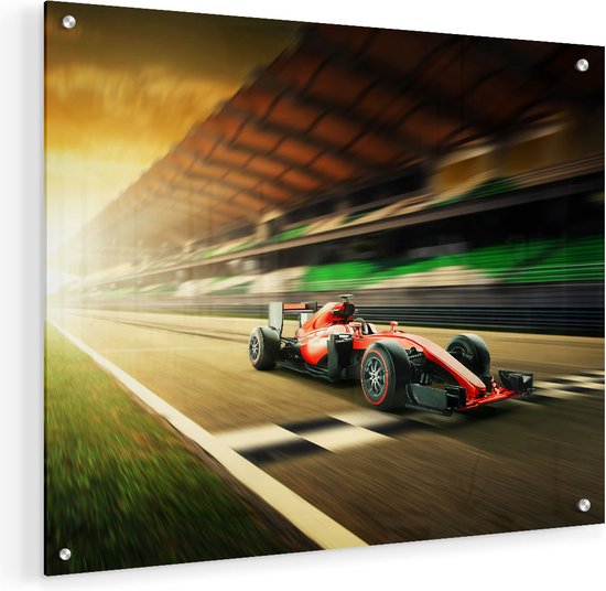 Artaza Glasschilderij - Formule 1 Auto bij de Finish in het Rood - 50x40 - Plexiglas Schilderij - Foto op Glas