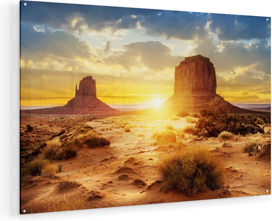 Artaza Glasschilderij - Zonsondergang In Woestijn Monument Valley  - 105x70 - Plexiglas Schilderij - Foto op Glas