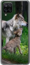 Geschikt voor Samsung Galaxy A12 hoesje - Wolf - Baby - Bos - Siliconen Telefoonhoesje