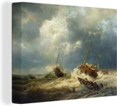 Canvas Schilderij Schepen in een storm aan de Nederlandse kust - schilderij van Andreas Achenbach - 80x60 cm - Wanddecoratie