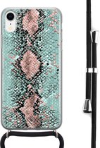 iPhone XR hoesje met koord - Slangenprint pastel mint | Apple iPhone XR crossbody case | Zwart, Transparant | Slangenprint