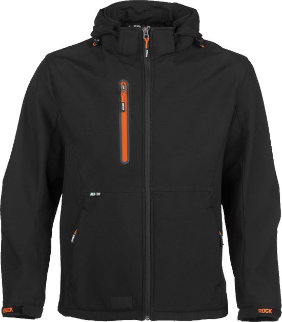 Zwarte softshell werkjas met oranje ritsdetails en zwarte accenten op de zijkanten.