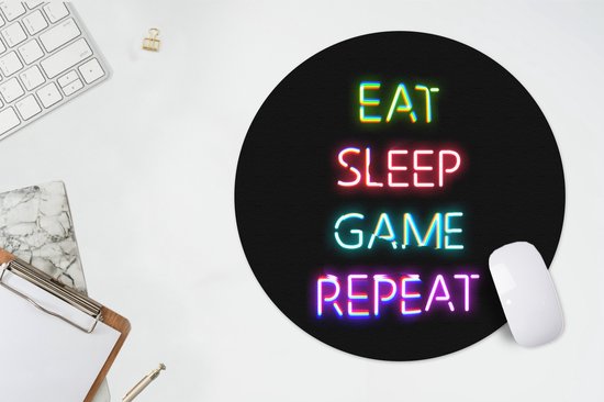 Gaming Muismat - Mousepad - 40x40 cm - Gaming - Led - Quote - Eat sleep game repeat - Gamen - Geschikt voor Gaming Muis en Gaming PC set - Schoolspullen tieners