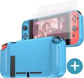 Nintendo Switch case - TPU Beschermhoes - Carbon Blauw - met 2x Screenprotector Glas
