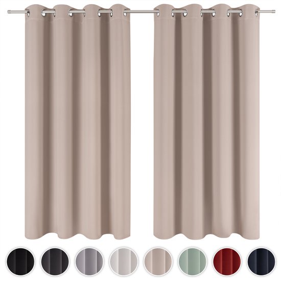 Twee taupe verduisterende gordijnen met oogjes, gepresenteerd met 10 andere kleuren.