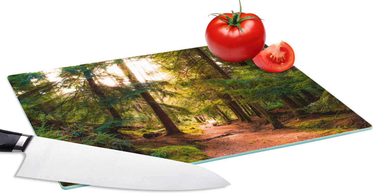 Glazen Snijplank - 28x20 - Bos - Pad - Bomen - Groen - Zon - Natuur - Snijplanken Glas