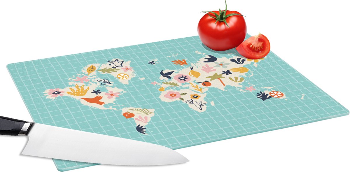 Glazen Snijplank - 39x28 - Kaart - Wereld - Bloemen - Fruit - Snijplanken Glas