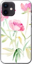 Geschikt voor iPhone 12 hoesje - Bloemen - Waterverf - Roze - Siliconen Telefoonhoesje