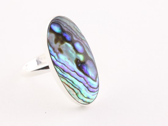 Ovale hoogglans zilveren ring met abalone schelp - maat 21