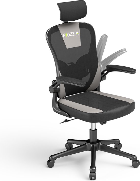 Bureaustoel - Ergonomische stoel met 2D armleuningen, in hoogte verstelbare hoofdsteun lendensteun rugleuning - Zwart en grijs