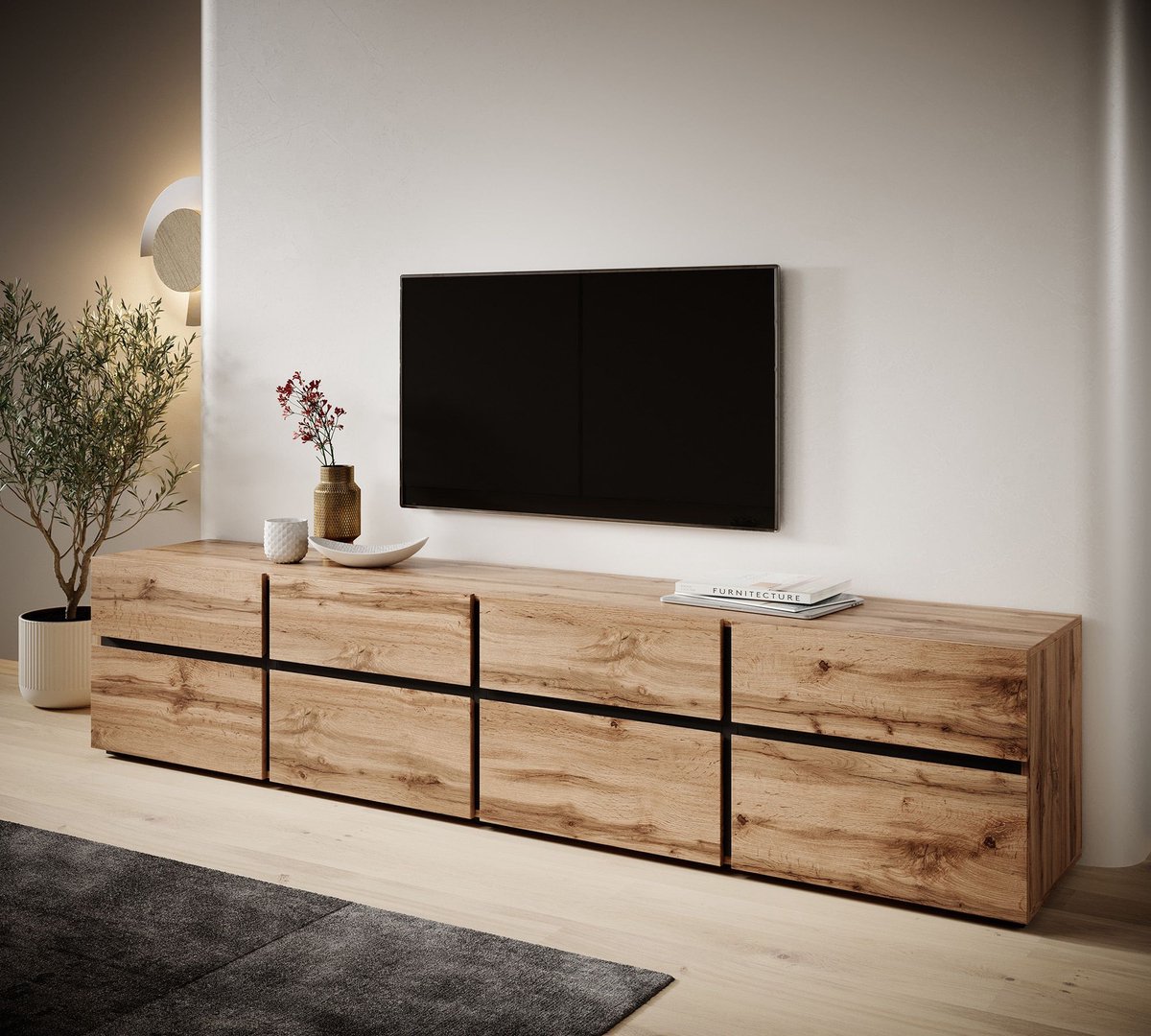 Meubella - TV-Meubel Cainan - Eiken - Zwart - 225 cm