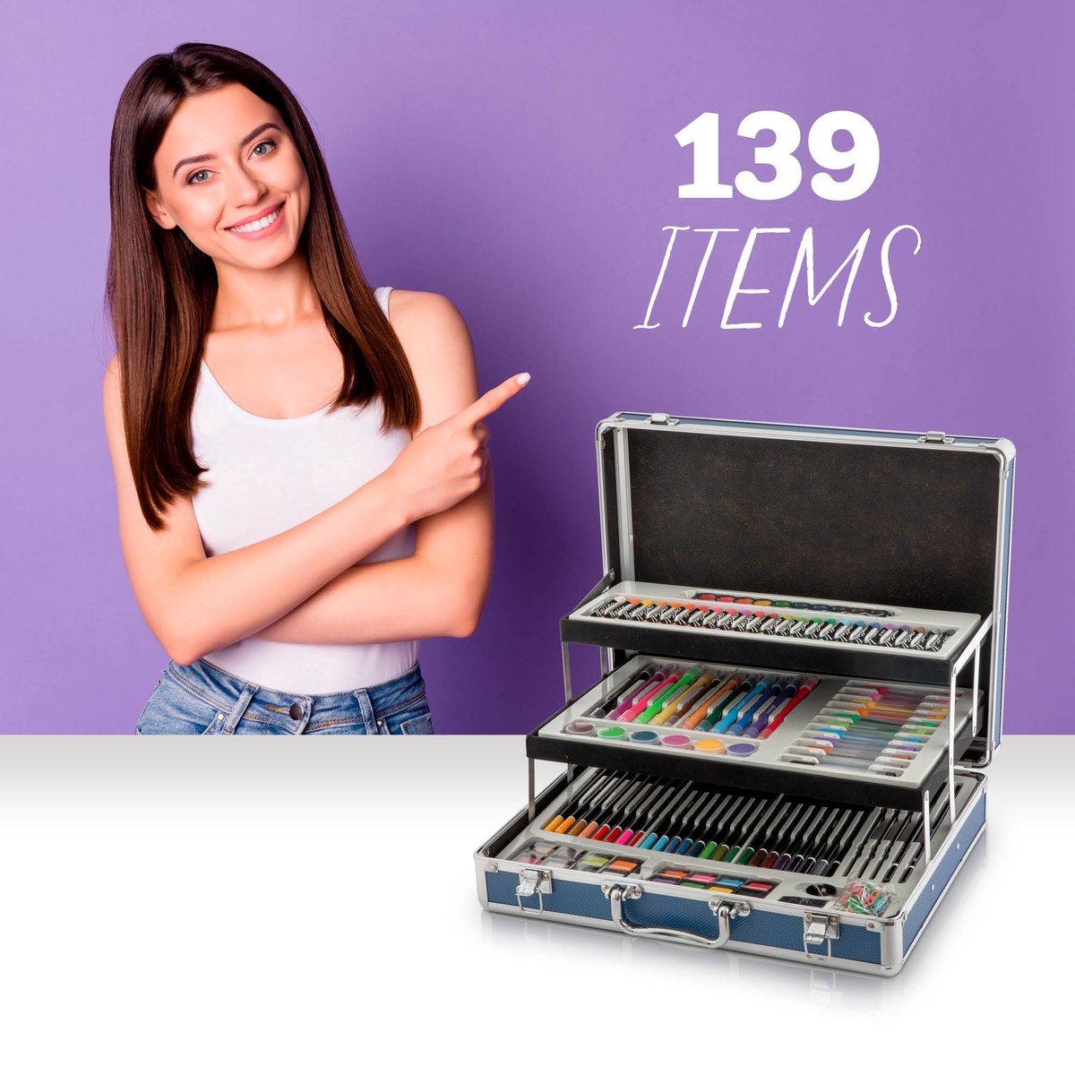 Tekendoos voor Kinderen en Volwassenen 139pcs met kleurpotloden en waskrijt - Schilderkisten - Stiften - Metalen Opbergkoffer — afbeelding 6