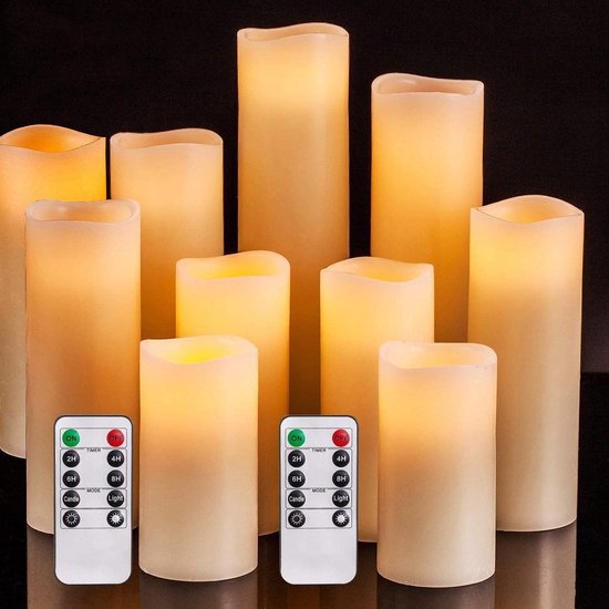 Meisterhome – Set de bougies LED 10 pièces – Cire véritable – Avec télécommande – Minuterie 2/4/6/8 heures – Intensité variable
