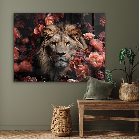 MuchoWow® Glasschilderij 120x90 cm - Schilderij acrylglas - Leeuw - Dier - Natuur - Botanisch - Bloemen - Roze - Foto op glas - Muurdecoratie woonkamer - Wanddecoratie slaapkamer - Schilderijen